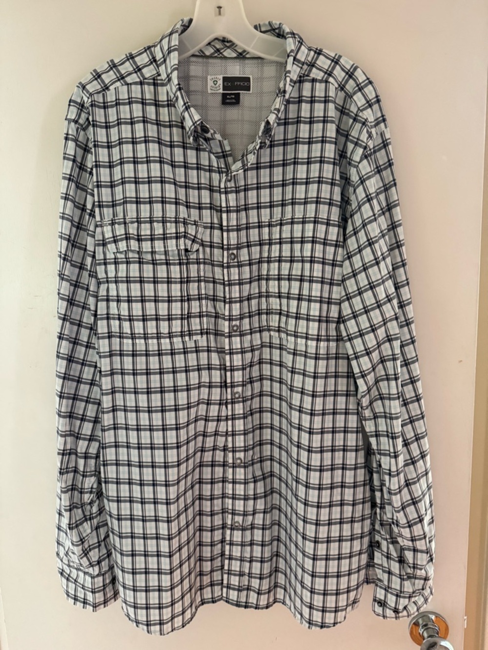 ExOfficio brown and blue plaid fishing shirt